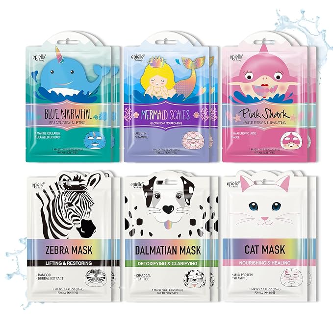 Epielle Character Face Mask Wave & Wild 12 Pack, Fun & Effective Korean Skin by Epielle