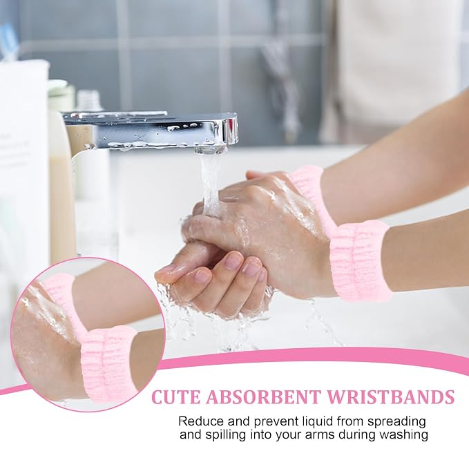 6Pcs Pink Spa Headband and Wrist Washband Set, Skincare Makeup Headband - Image 3