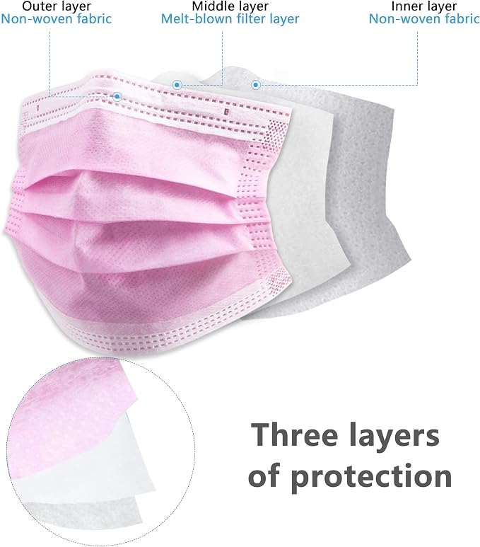 akgk 100PCS Pink Disposable Face Masks, 3-Ply Breathable Pink Face Mask - Image 3