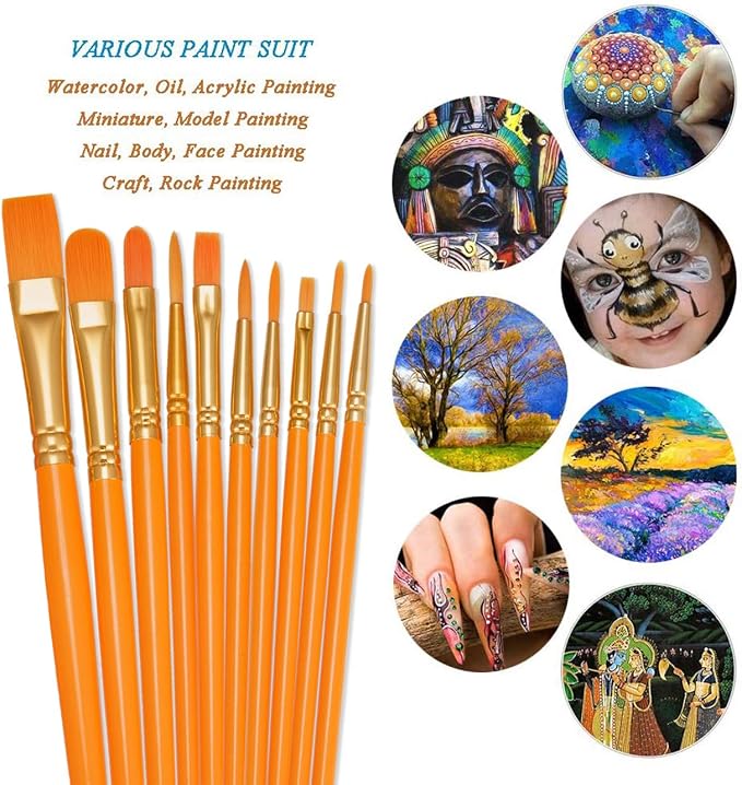 BOSOBO Paint Brushes Set, 10 Pieces Round Pointed Tip Paintbrushes Nylon Hair - Image 3