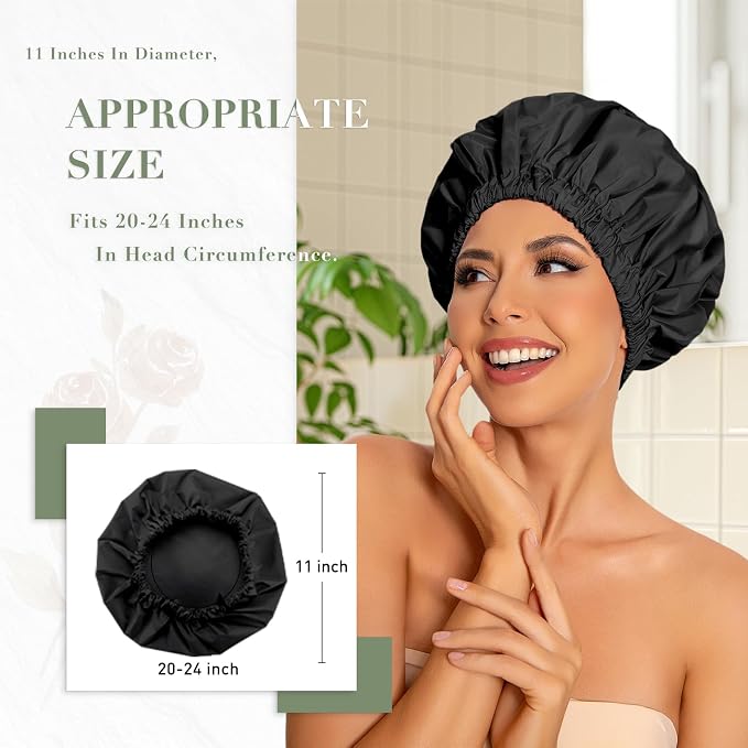 Reusable Shower Cap for Women, Large Waterproof Shower Bonnet Washable Elastic - Image 3