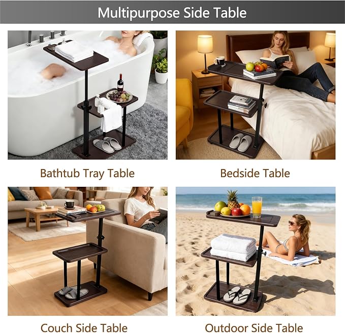 3 Layer Bathtub Tray Table, Bamboo Swivel Bathtub Side Table Height Adjustable - Image 7