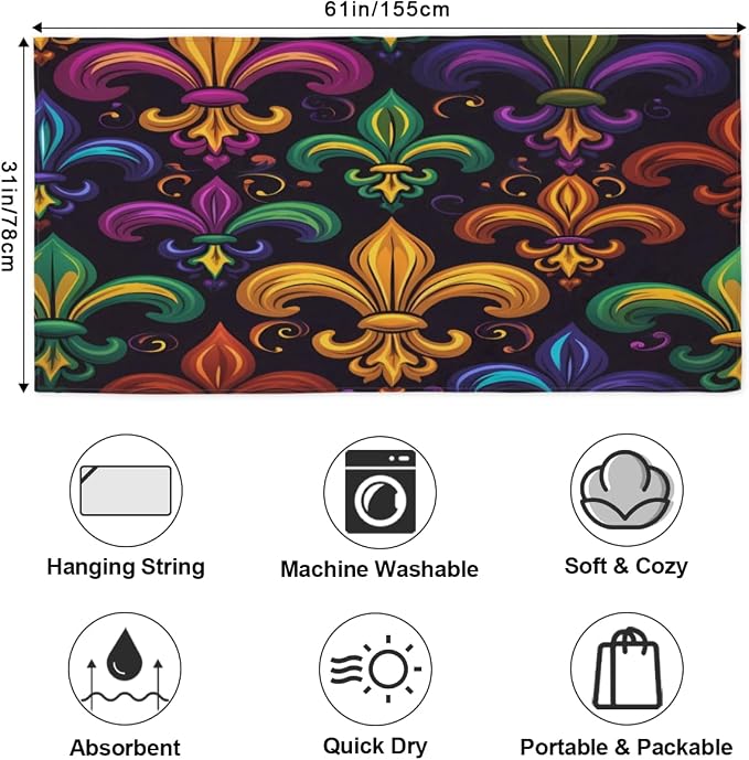 Colorful Mardi Gras Fleur De Lis Beach Towel Oversized Quick Dry Beach Blanket - Image 2