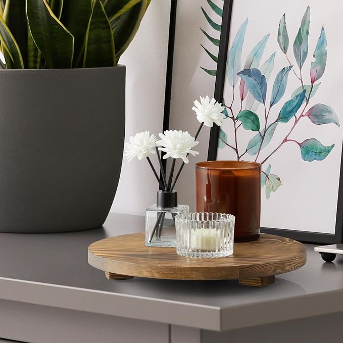Round Decorative Tray Burnt Wood Bathroom Counter Organizer Pedestal Stand - Image 5