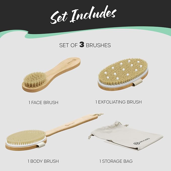 Nevlers Natural Boar Bristle Dry Brushing Set | 4-Piece Body Brush Kit - Image 9