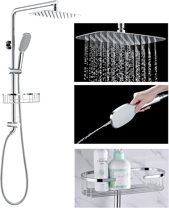 Rain Shower System with Shelf, 12 Inch Rain Shower Head Set with Hand Shower by SonTiy