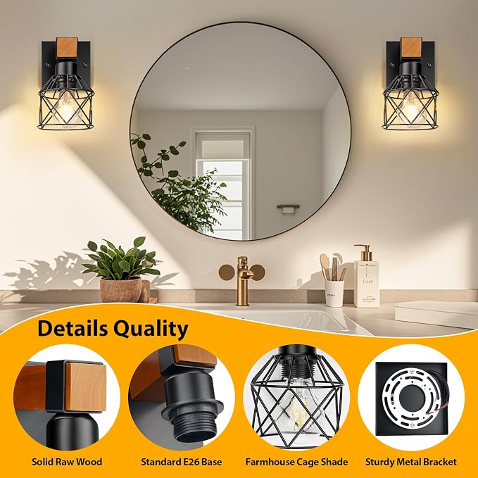 Wall Sconces Set of Two, Farmhouse 1-Light Matte Black Vanity Lights - Image 3