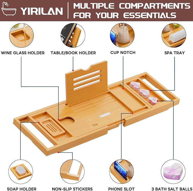 Original Wood Color Foldable Bamboo Bathtub Caddy, Bathtub Tray, Can Place Wine - Image 6