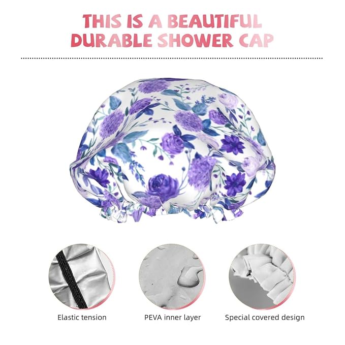 Violet Purple Rose Shower Cap For Women Adjustable Double Waterproof Layers - Image 5