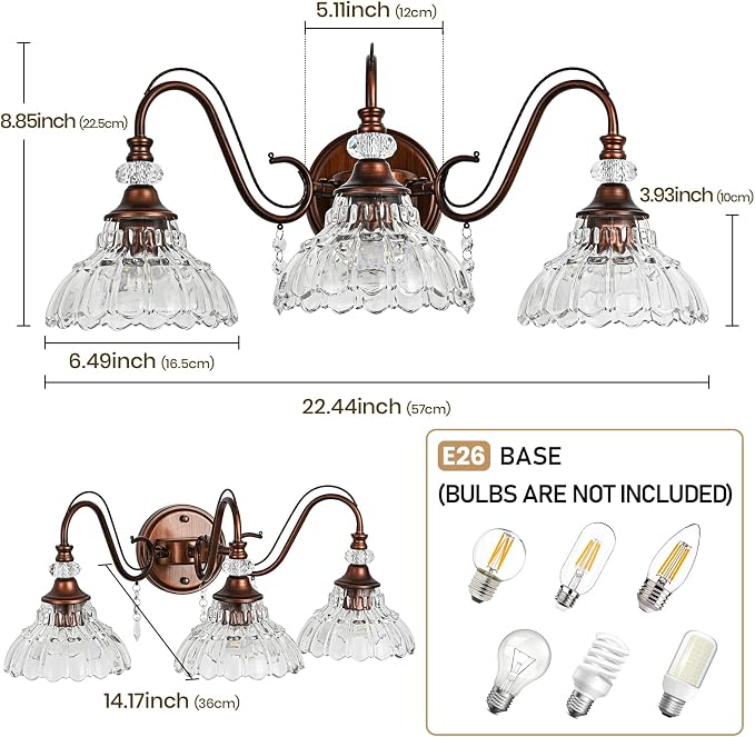 Vintage Bathroom Vanity Light, 3-Light Matte Antique Red Bronze Finish Wall - Image 6