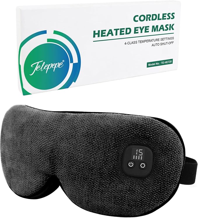 Heated Eye Mask for Dry Eyes, Cordless Warm Eye Compress, 4 Heat Levels by Telepepe