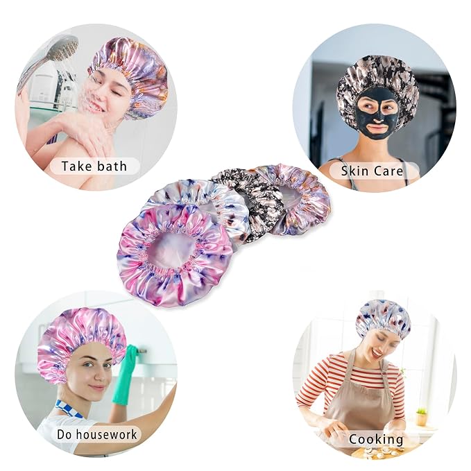 4 PCS Shower Caps for Women, Printing Bath Caps, Double Layers Shower Cap - Image 7