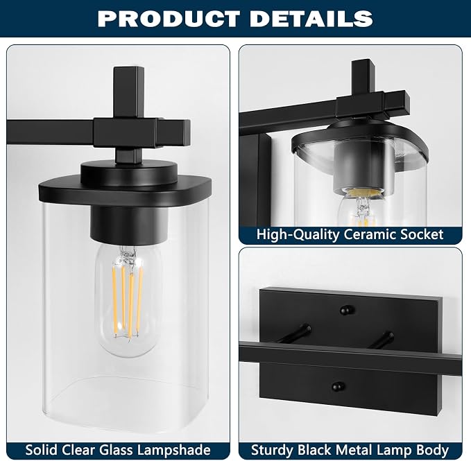 2-Lights Bathroom Vanity Lights, Matte Black Vanity Light Fixtures Over Mirror - Image 3