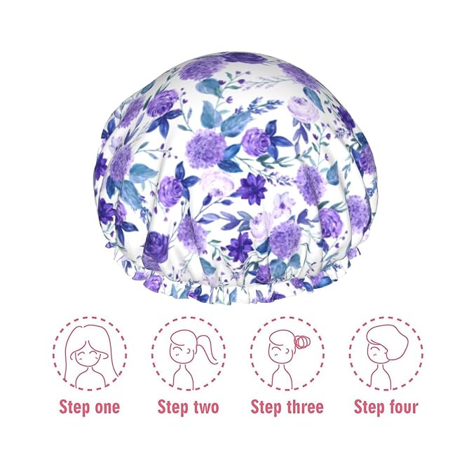 Violet Purple Rose Shower Cap For Women Adjustable Double Waterproof Layers - Image 7