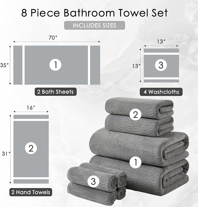 8 Piece Bath Towel Set Grey |2 Oversized Large Bath Sheet, 2 Hand Towels - Image 5