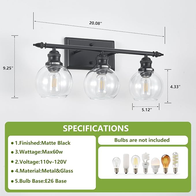 3-Light Bathroom Light Fixtures Matte Black Vanity Light Over Mirror Modern - Image 3