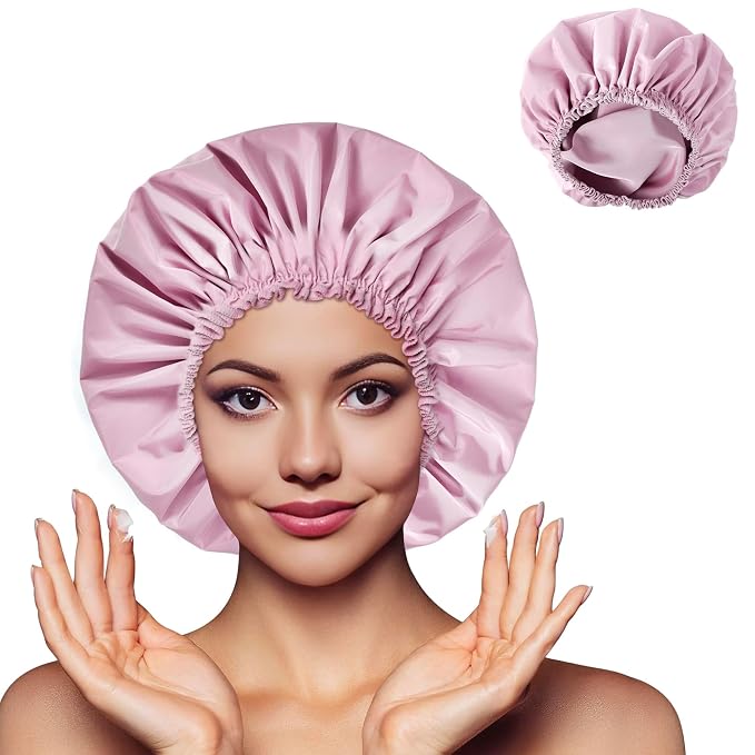 Shower Cap for Women, Double Layer Waterproof Bath Cap, Reusable Hair Protector - Image 2