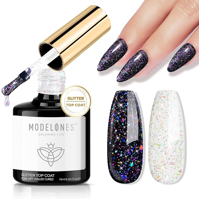 modelones Glitter Gel Nail Polish Top Coat, Rainbow Confetti Gel Top Coat by MODELONES