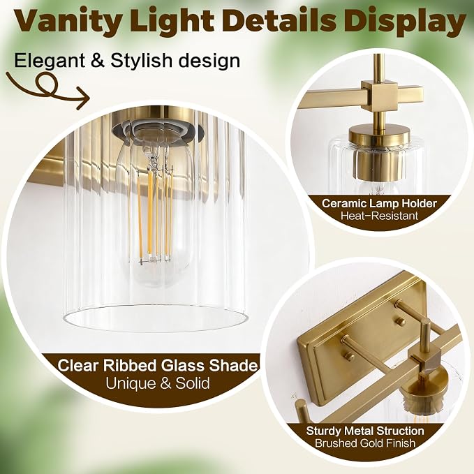 Asnxcju 3-Light Brushed Gold Bathroom Light Fixtures, Modern Gold Vanity Lights - Image 3