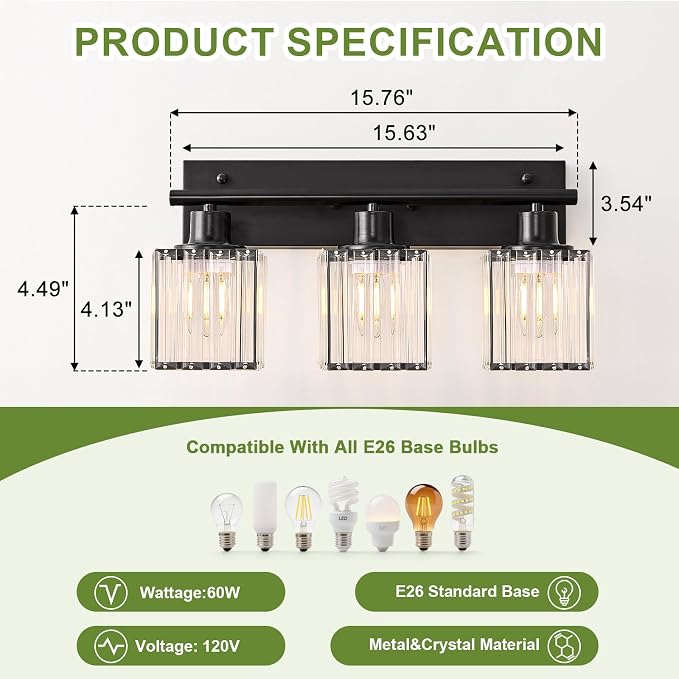 Bathroom Light, 3-Light Modern Crystal Vanity Light, Bathroom Lighting Fixtures - Image 2