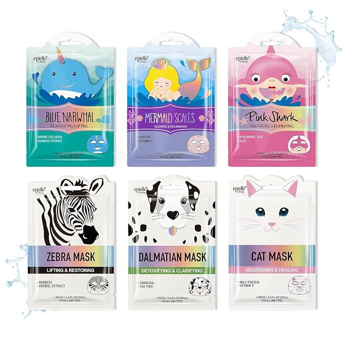 Epielle Character Face Mask Wave & Wild 6 Pack, Fun & Effective Korean Skin Care by Epielle