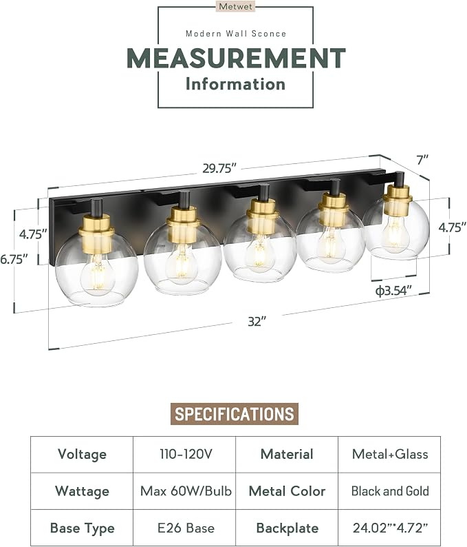 Bathroom Light Fixtures, 5-Light Black and Gold Bathroom Vanity Light, 32 Inch - Image 2