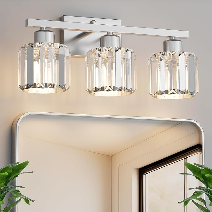 comzler 3-Light Bathroom Light Fixtures Over Mirror, Brushed Nickel Crystal by comzler
