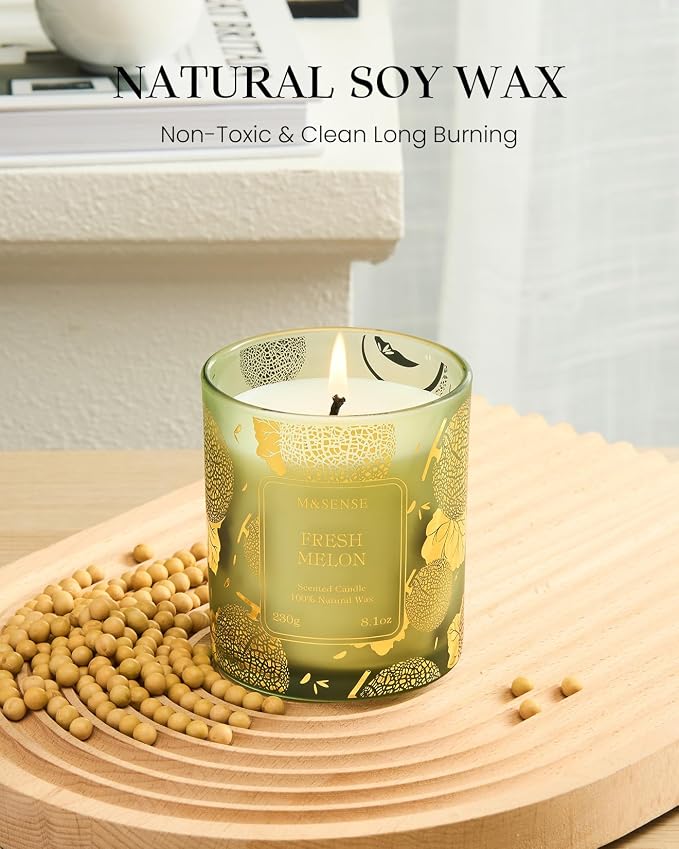 M&SENSE Naturally Scented Vegan Soy Candles, Fresh Melon Scented Candles - Image 2