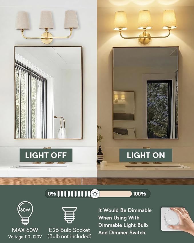 3-Light Bathroom Light Fixtures, Brushed Gold Vanity Lights - Image 4