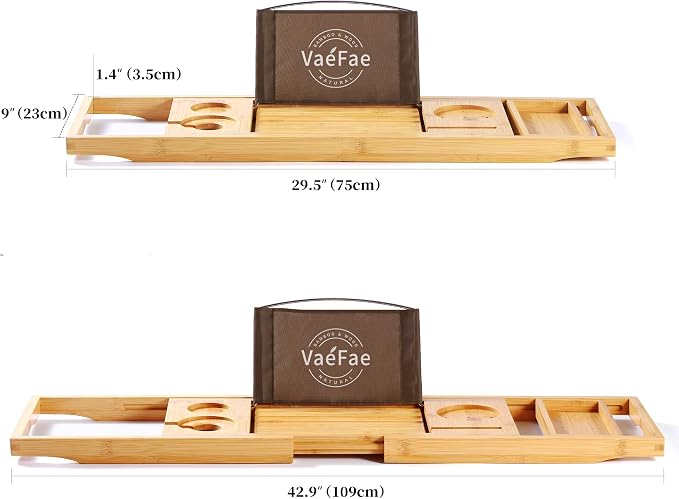 VaeFae Bamboo Bathtub Caddy Tray, Expandable Bath Tray - Image 3