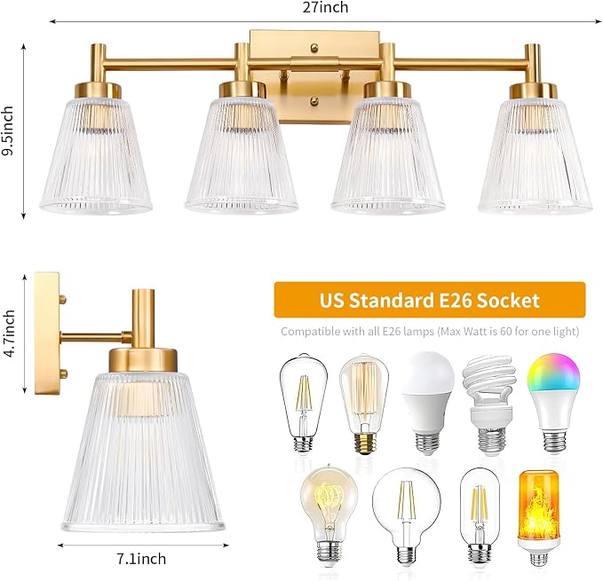 OCIOC 4-Light Bathroom Vanity Light, Burshed Gold Bathroom Light - Image 3