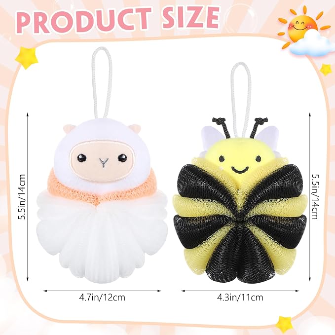 Nuenen 2 Pcs Bath Loofahs Kids Toddler Cute Cartoon Bath Sponges Loofah Pouf - Image 2