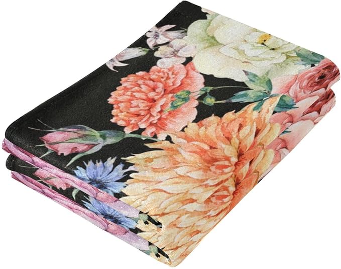 Peony Floral Black Hand Towels for Bathroom Set of 2, Vintage Blooming Flower - Image 7