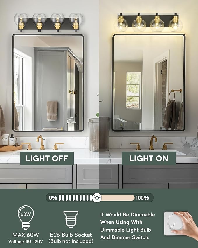 Bathroom Light Fixtures, 4-Light Black and Gold Bathroom Vanity Light, 26 Inch - Image 6