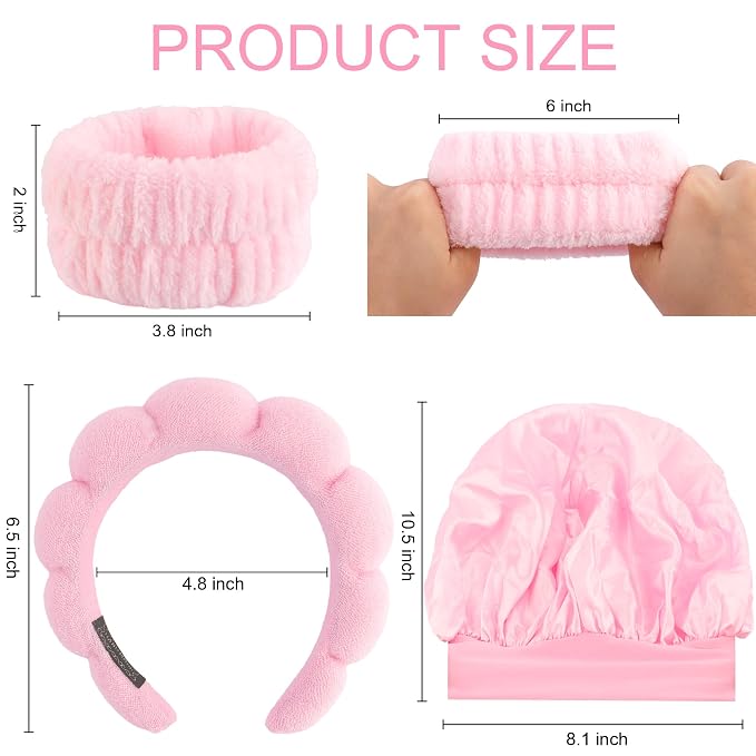 Pink Headband Hair Bonnet For Sleeping Shower Cap For Women Reusable Waterproof - Image 7