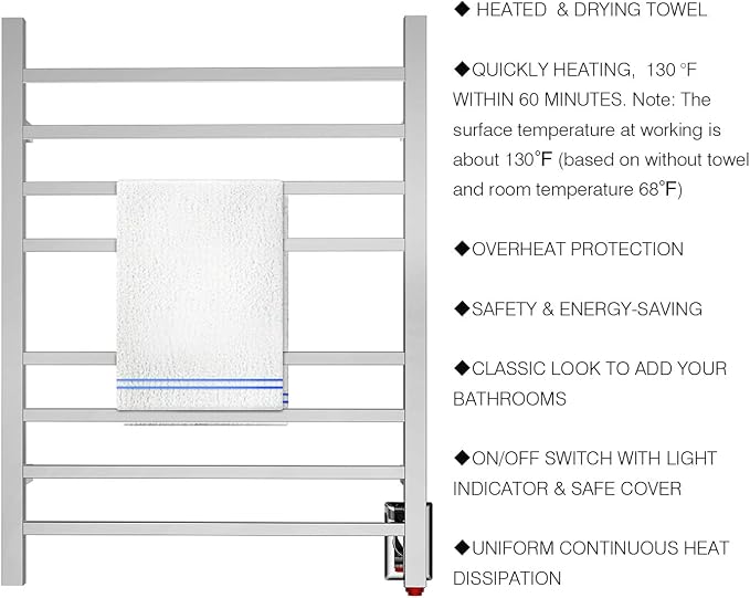 HEATGENE Towel Warmer, Heated Towel Warmer Rack, Wall-Mounted Hardwired/Plug-in - Image 4
