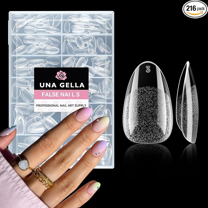 UNA GELLA Short Almond Round Fake Nails 216pcs Almond Press on Nails Pre-shape by UNAGELLA