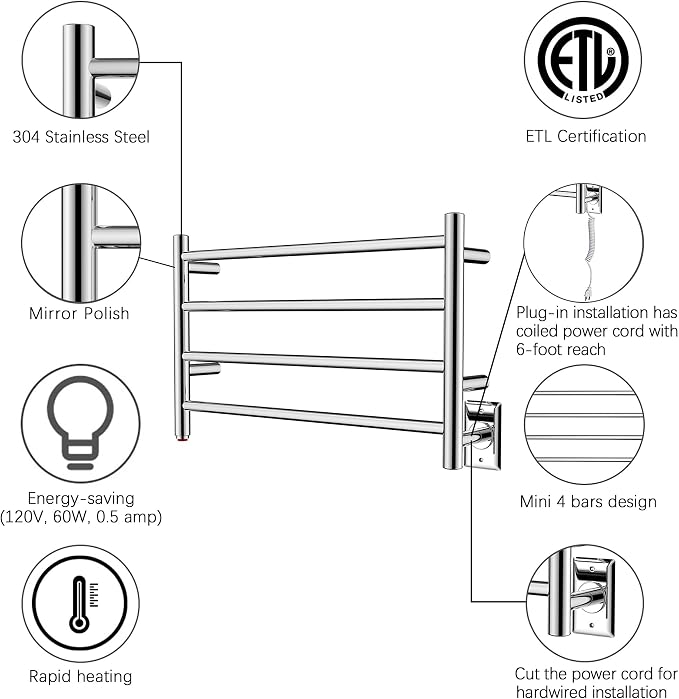 HEATGENE Towel Warmer 4 Bar Towel Dryer Wall-Mounted Plug-in Bath Towel Heater - Image 4
