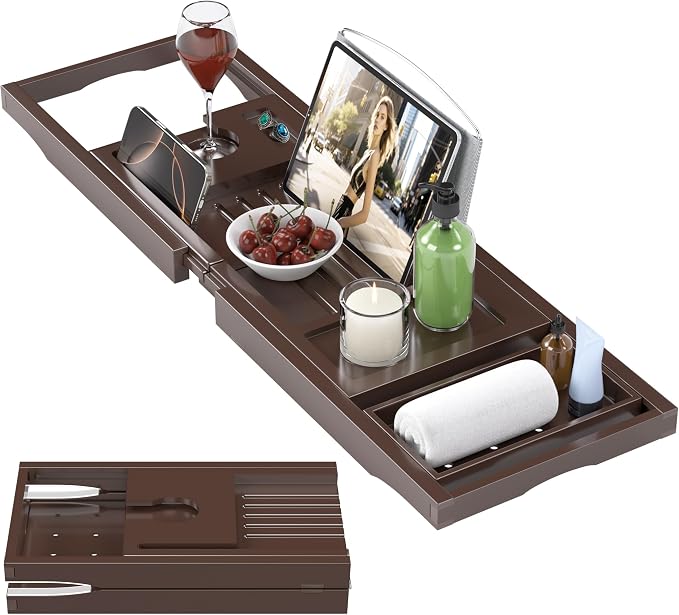 Foldable Bathtub Caddy Tray for Tub, Bamboo Expandable Bath Table Trays by Unknown