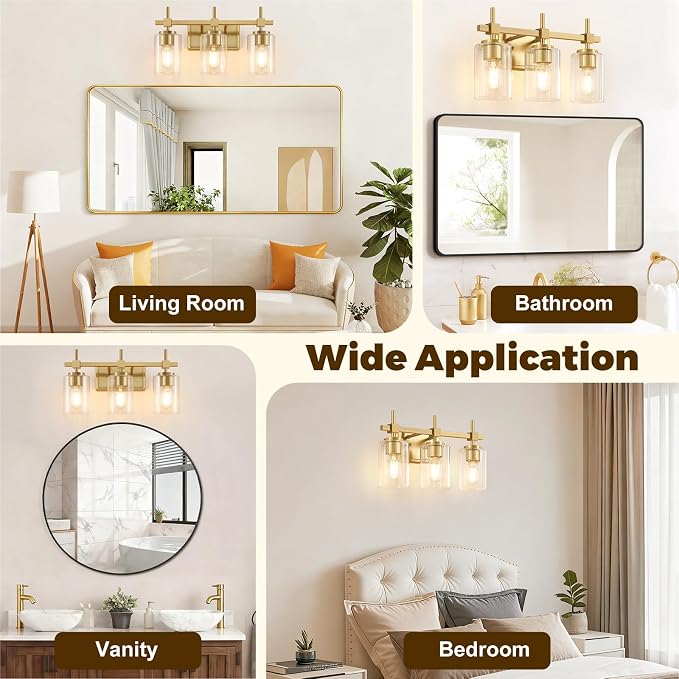 Asnxcju 3-Light Brushed Gold Bathroom Light Fixtures, Modern Gold Vanity Lights - Image 6