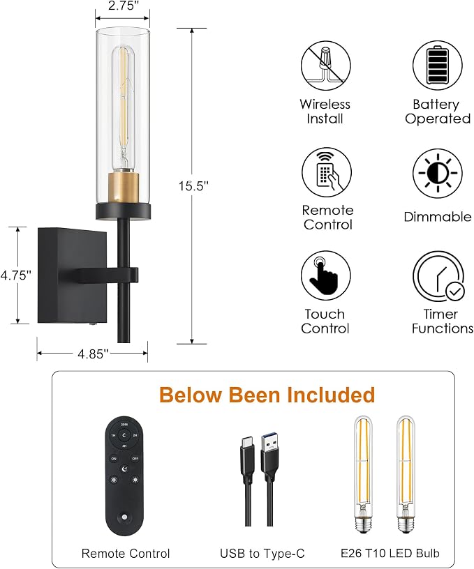 Wireless Wall Sconces with Remote Control, Battery Operated Wall Sconce Set of 2 - Image 6