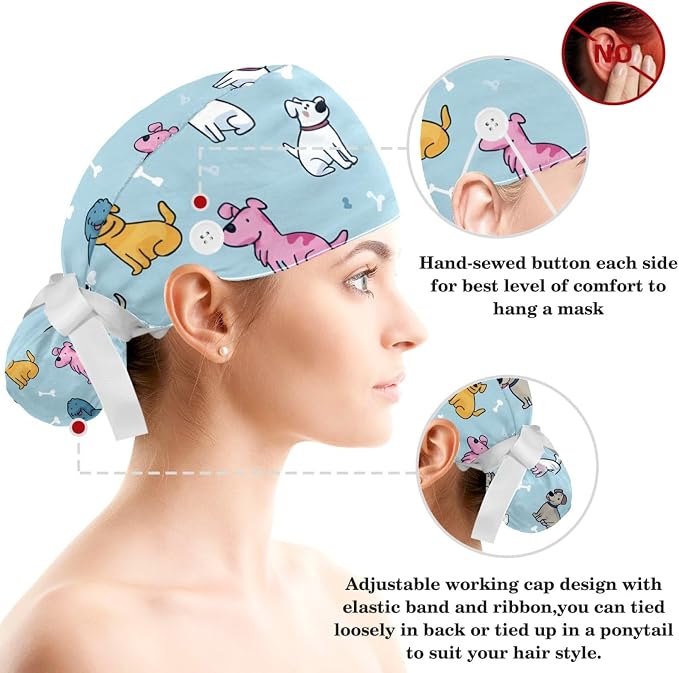Scrub Caps Women Ponytail Cute Pink and White Leaves Caps Bouffant Working Hat - Image 3