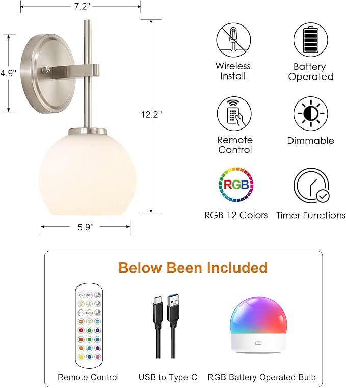 Brushed Nickel Battery Operated Wall Sconce Set of 2, Wireless Rechargeable - Image 2