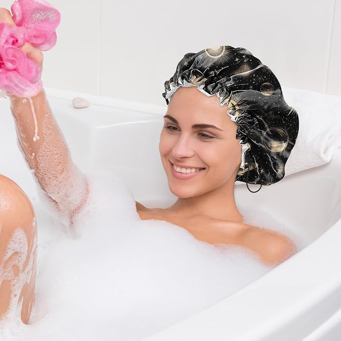 2 PCS Shower Cap Waterproof Double Layer Elastic Adjustable Reusable Hair Bath - Image 7