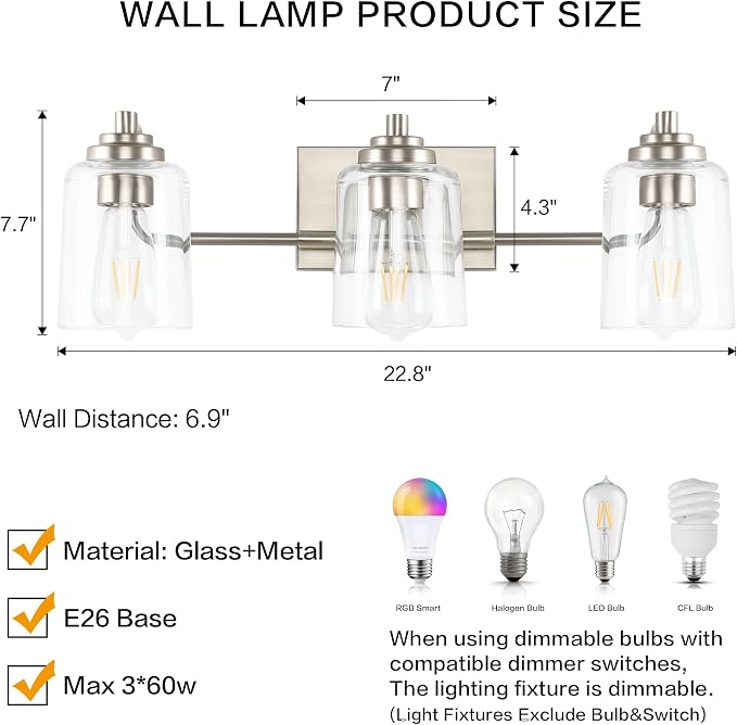 SOLFART Brushed Nickel Bathroom Lights Over Mirror 3 Lights Vanity Lights - Image 5