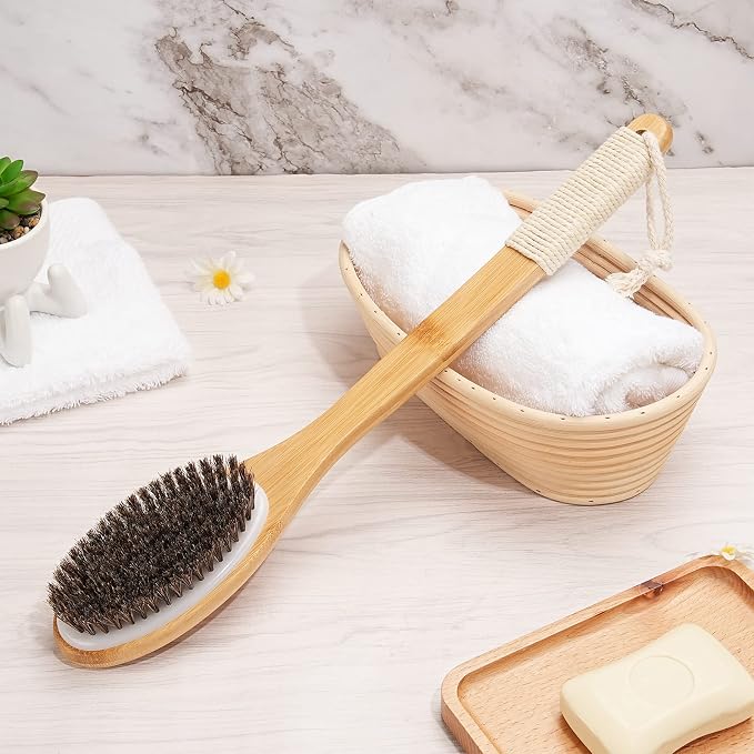 eaxun Bamboo Shower Brush with Curved Long Handle, 16.7 Inches Exfoliating Back - Image 7