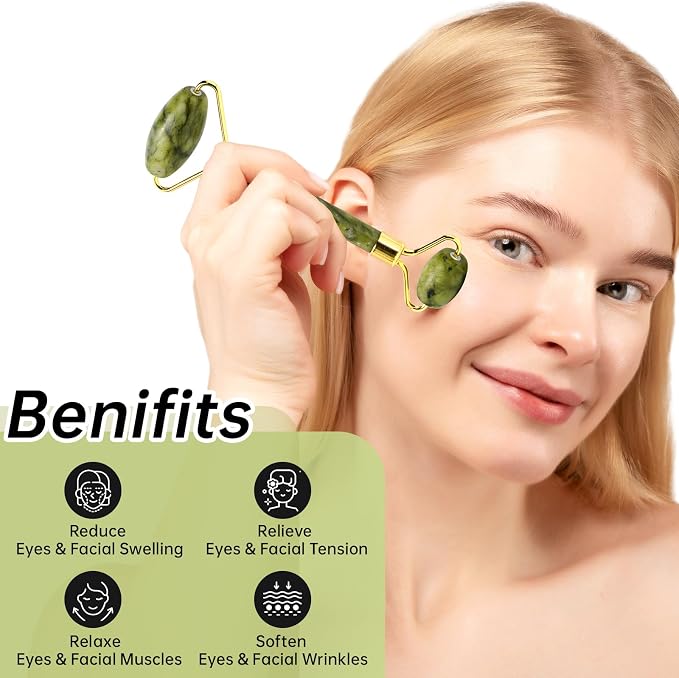 Jade Gua Sha and Face Roller, Real Jade Gua-Sha Stone Facial Tools Set - Image 3
