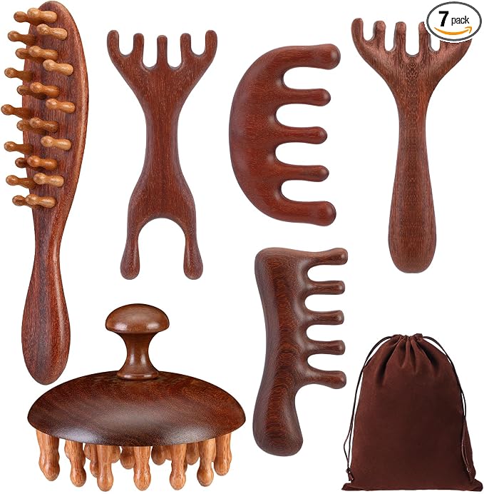 6 Pcs Natural Wooden Scalp Massager Comb Tool Set by Yiyiring