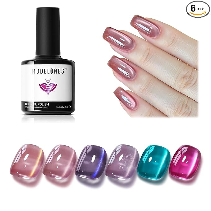 Modelones Cat Eye Gel Nail Polish Set, 6 Colors Coloful Neon Galaxy Champagne by MODELONES