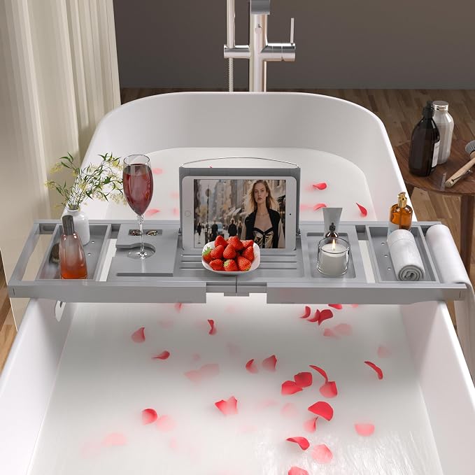 Bathtub Caddy Tray for Tub, Foldable Bath Table Trays, Bamboo Shelf - Image 2